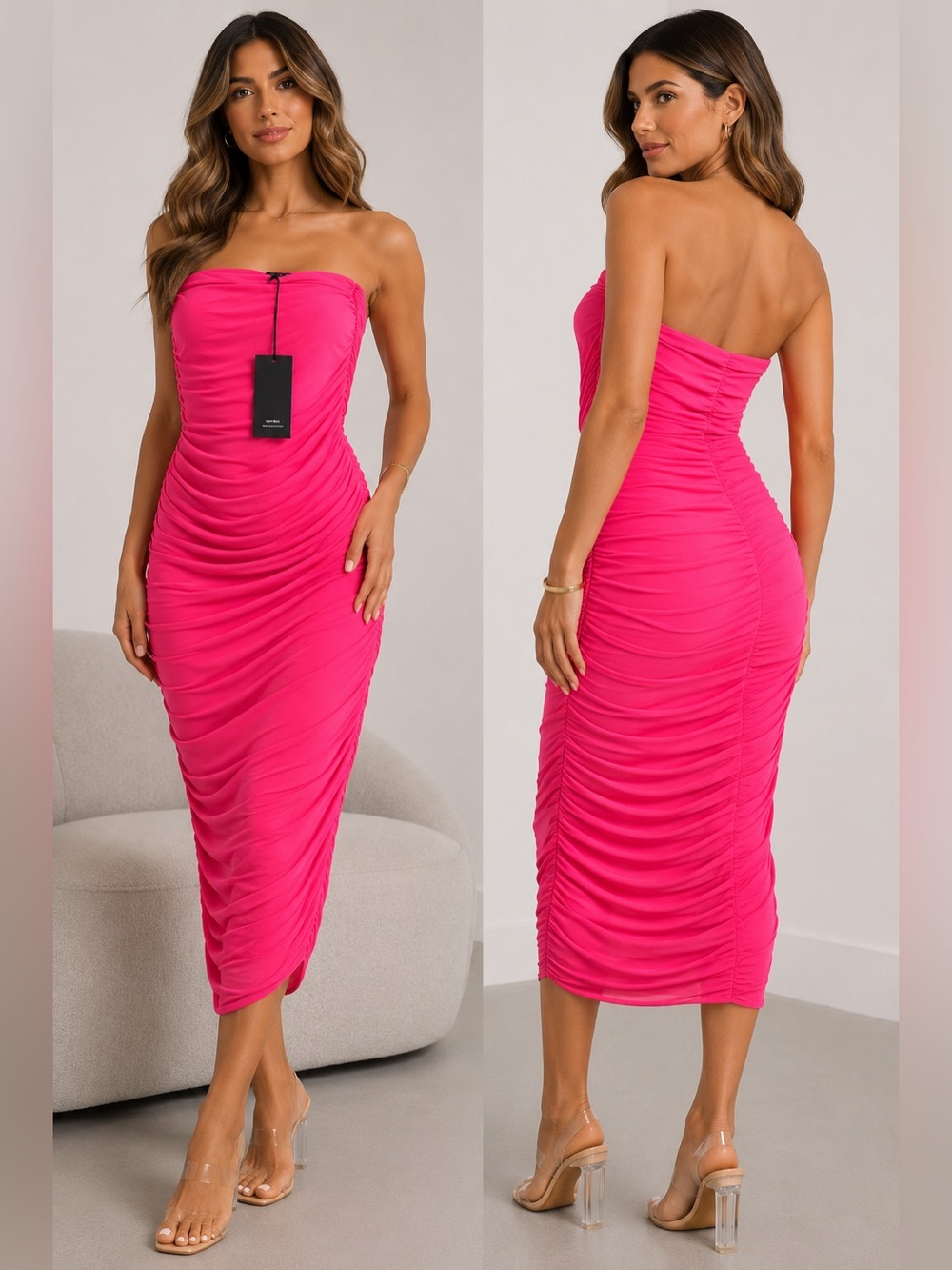 NWT Superdown x Draya Michele Women’s XS Hot Pink Ruched Mesh Bodycon Midi Dress